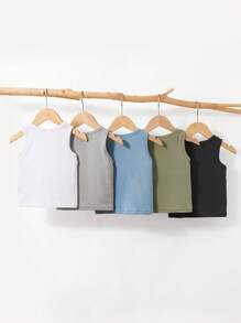 5pcs/Set Baby Boys' Sleeveless Vests, Solid Colors, Ribbed Fabric With Excellent Elasticity, Suitable For Summer Occasions, Great Value