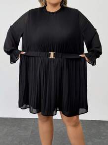 SHEIN CURVE+ Plus Size Women's Solid Color Ruffle Flare Sleeve Elegant Dress, Spring Summer - Black - View 4