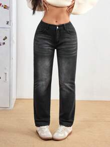 SHEIN EZwear Women Casual Wide-Leg Loose Fit Pockets Jeans