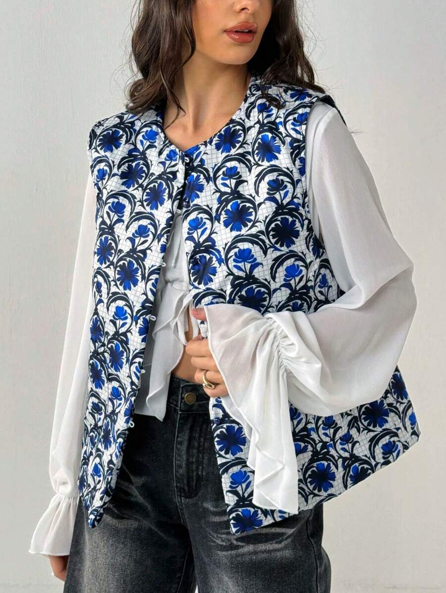 Forever 21 女士花卉提花前开襟无袖时尚上衣,秋季 - 藍色 - 查看 1