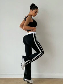 Gameset SHEIN Sport 2pcs/Set Contrast Color Block Waistband Sports Pants Matched With Button Sexy Sports Top Gym Set - Black - View 7