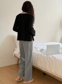 DAZY 3pcs/Set Contrast Trim Fitted Tank Top, Robe And Striped Straight Leg Pajama Pants Sleepwear Pajama Set, Back To School Clothes, For Fall Winter Clothes