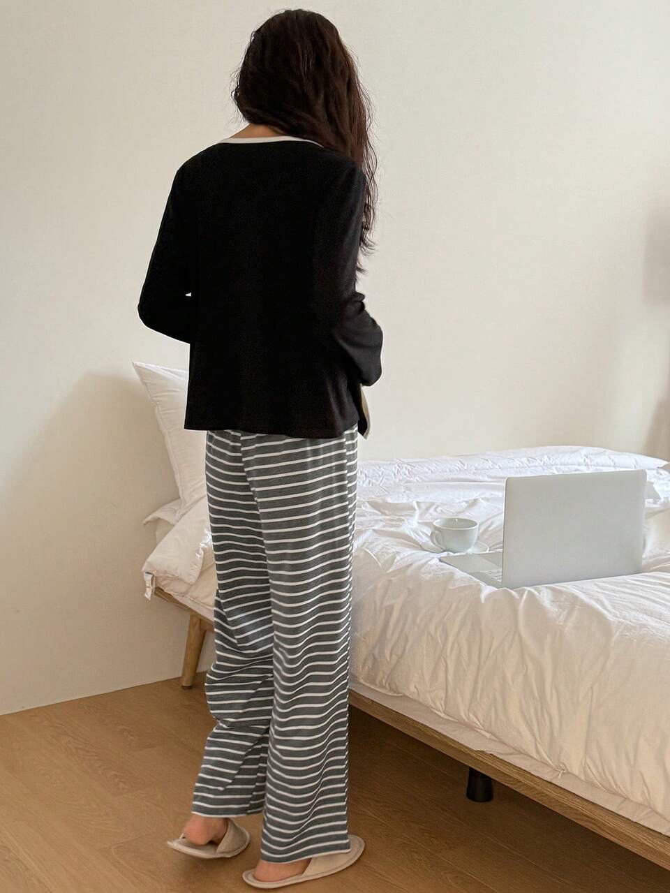 3pcs/Set Contrast Trim Fitted Tank Top, Robe And Striped Straight Leg Pajama Pants, Back To School Clothes, For Fall Winter Clothes