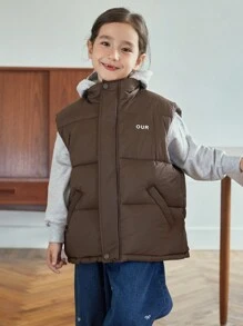 Tween Girls' Loose Casual Minimalist Comfortable Stand Collar Letter Print Sleeveless Warm Cotton Padded Coat
