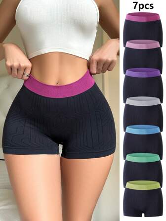 Eraneu 7pcs/Set Plain Jacquard Waistband Seamless Boxer Briefs, Casual