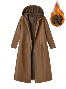 SHEIN Unity Plus Size Solid Color Long Sleeve Hooded Thermal Lined Coat Winter Fall Cloth For Women Autumn - Coffee Brown - View 1