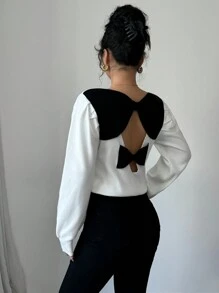 SHEIN Unity Nuevo suéter de punto con cuello en V, manga abullonada, espalda descubierta, sexy, con lazo para mujer. Suéter de punto para otoño e invierno - Blanco - Ver 3