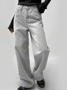 DAZY 女士浅色水洗男友风直筒长牛仔裤，四季皆宜 - 淺灰色 - 查看 1