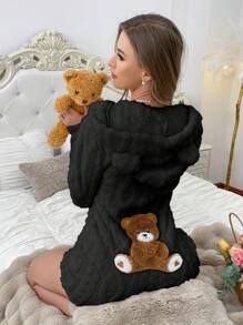 动物造型连帽泰迪熊刺绣毛绒连体衣，适合秋冬季节，舒适保暖 - 黑色 - 查看 1