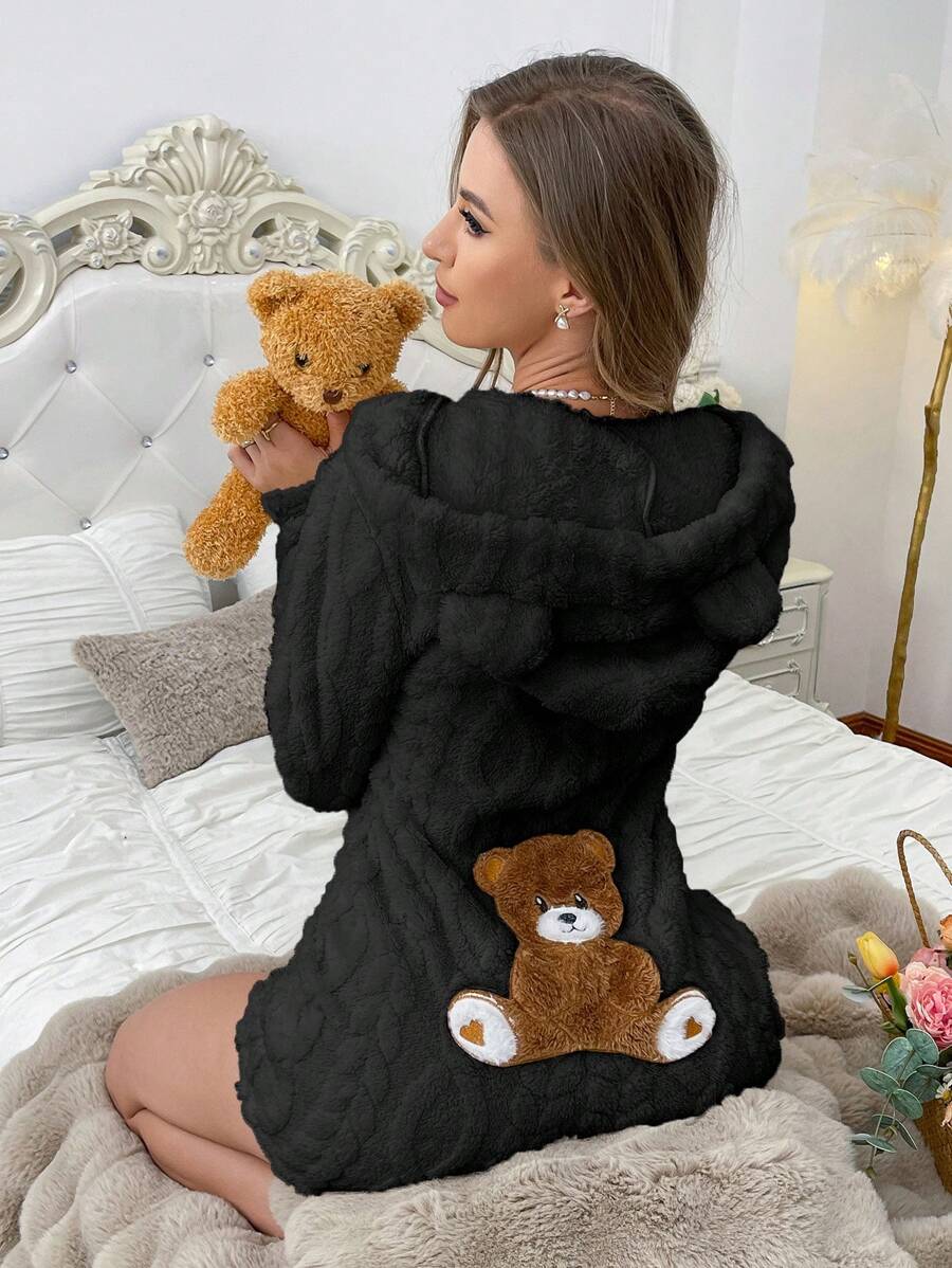 动物造型连帽泰迪熊刺绣毛绒连体衣，适合秋冬季节，舒适保暖 - 黑色 - 查看 1