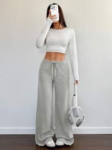 SHEIN Unity Women's Casual Relaxed Fit Flared Leg Palazzo Pants - Apricot - View 6