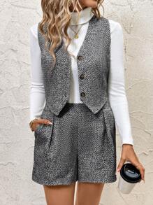 SHEIN Clasi 女士通勤背心 + 短裤 2 件套，秋冬 - 黑與白 - 查看 6