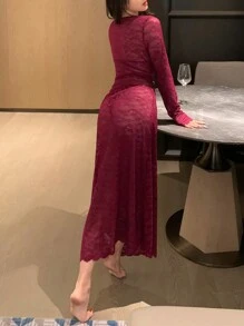 DAZY Lace Semi-Sheer Deep V-Neck Fitted Sexy Nightgown - Burgundy - View 2