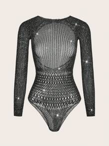 SuitURBody Rhinestone Studded Fishnet Teddy Bodysuit Without Lingerie
