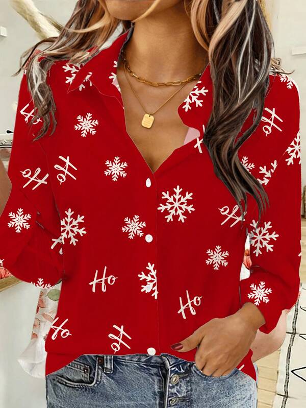 EMERY ROSE Camisa superior roja con estampado de copos de nieve y texto en inglés, adecuada para otoño/invierno