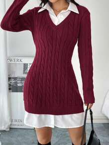 SHEIN Essnce Autumn Women's Sweater Dress Gray Miumiu Style Commuting Wear, 2 In 1 Woolen Dress Daily Casual Commuting Slim Short Long-Sleeved Dress, Workplace Wear, Fall Women Outfits, Christmas Women Dress, Valentine's Day Mini Slim Slimming Dress