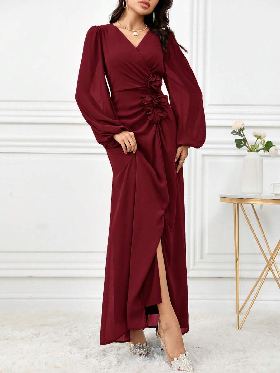 Modelyn Sukienka damska w jednolitym kolorze z dekoltem w serek i rękawami w kształcie latarni, z kwiatowym wzorem, bardzo długa, długie suknie wieczorowe