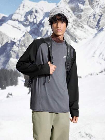 In My Nature 男式标语与山峰印花拼色长袖户外 T 恤