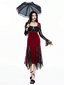 ROMWE Elegant Gothic Plunging Neck Contrast Lace Cross Pendant Dress With High Slit - Burgundy - View 3