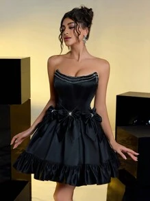 SHEIN Belle Đầm công chúa ống suông ren đen sang trọng, lãng mạn, gợi cảm, dễ thương, không dây, đính đá, nơ eo, dự tiệc sinh nhật, dự tiệc cưới, tiệc Halloween - màu đen - Xem 4