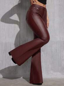 SHEIN Tall Women's Plain PU Leather Flare Pants With Pockets, Fashion' Fall Cloth For Women