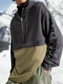 In My Nature Sudadera con capucha holgada para exteriores con estampado de lema y cremallera delantera de contraste para hombres - Negro - Ver 3