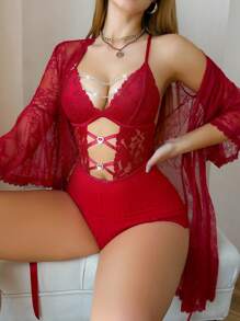2pcs Women Lace Patchwork Hollow Out Crop Top And Lace Robe Sleepwear Set