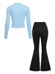 2 stuks/set tienermeisjes schattige Y2K-stijl roze gebreide V-hals ruches cropped top met lange mouwen en elastische uitlopende sterrenprint roze uitlopende broek outfit