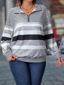 SHEIN LUNE Plus Size Women Striped Top, Autumn/Winter New Arrival - Black - View 3