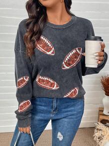 SHEIN LUNE 加大码女式足球图案圆领落肩长袖运动衫，秋冬休闲装，感恩节新年女装，女士热卖