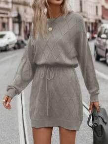 SHEIN LUNE Plus Size Women's Elegant Casual Daily Commute Autumn Winter Round Neck Drop Shoulder Pattern Waist Drawstring Loose Black Sweater Dressbusiness Casual Woman,Holiday Outfits,Country Tops - Grey - View 3