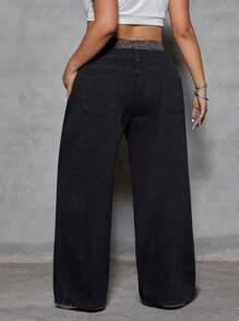 SHEIN ICON Jeans décontractés, amples et polyvalents pour femmes grandes tailles avec patchwork, insert léopard et poches - Noir - Voir 2