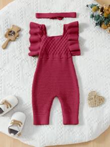 Baby Girl Cute Casual Ruffle Jacquard Coverall - Burgundy - View 2