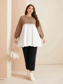 EMERY ROSE Plus Size Autumn Casual Contrast Color Lace Trim Sweatshirt - Camel - View 3