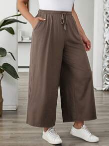 EMERY ROSE Plus Size Women's Solid Color Drawstring Wide Leg Loose Casual Summer Outfits Pants Fall - Coffee Brown - View 6