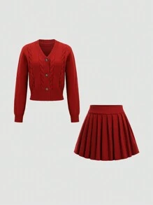 Sweetra Conjunto vintage de 2 piezas para mujer: Vestido de suéter de manga larga tejido con cable rojo, conjunto otoño/invierno Y2K para fiesta de Navidad y Año Nuevo