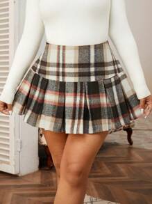 SHEIN EZwear 大码粉色格子迷你百褶裙，秋冬