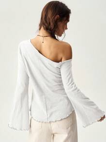 Bohemela Vacation Casual Solid Color Asymmetrical Neck Bell Sleeve T-Shirt