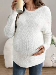 SHEIN Suéter de punto para maternidad, cálido y forrado térmicamente con cuello redondo y manga larga para mujeres embarazadas, otoño/invierno
