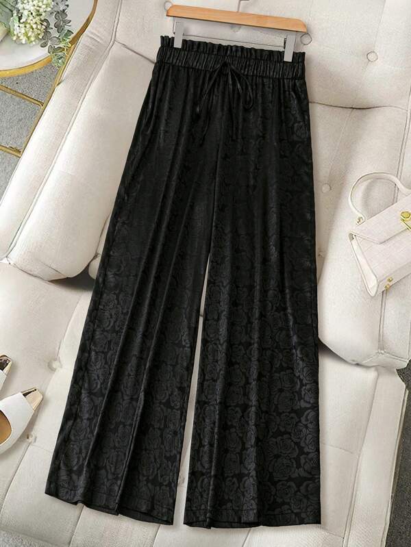 SHEIN LUNE Plus Size Women's Elegant Jacquard Loose Leg Black Pants, Chinese Style, Autumn/Winter Valentine's Day