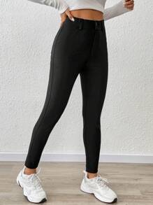 SHEIN Essnce Pantalon slim pour femme, affinant et mettant la silhouette en valeur, Leggings noirs décontractés pour femmes, leggings skinny avec doubles poches latérales, longueur normale - Noir - Voir 4