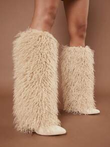 SHUZIA Women Fashion Daily Versatile Pointed Toe Skinny Heel Warm Comfortable Mid-Calf Boots Summer Shoes Spring Shoes Spring Break Easter - Beige - View 3