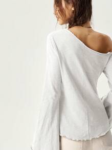 Bohemela Vacation Casual Solid Color Asymmetrical Neck Bell Sleeve T-Shirt