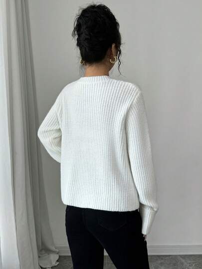 Elenzga Women Solid Color Round Neck Long Sleeve Pearl Decoration Elegant Sweater, Autumn/Winter