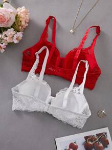 DesireSculpt 2pcs Set: Elegant Solid Lace Push Up Underwire Bra Lingerie - Multicolor - View 2