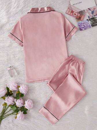 2 件仿丝心形刺绣短袖上衣和裤子睡衣套装：衬衫和裤子，粉色睡衣，舒适优雅细节