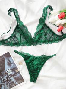 FloralLove Conjunto de lencería sexy de sujetador y bragas de encaje floral - Verde Oscuro - Ver 7