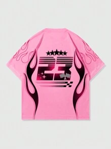 ROMWE MEN Street Life Men's Slogan Printed Short-Sleeve Racing T-Shirt, Suitable For Daily Wear In Spring And Summer, School - Pink - View 3