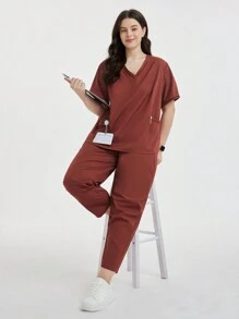 TaskEZ Plus Size Solid Color Scrub Uniform Set - Redwood - View 7