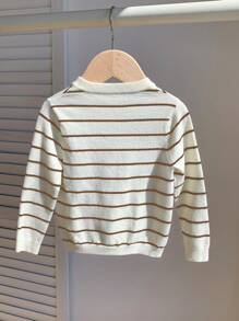 SHEIN Cute Casual Versatile Black & White Striped Long Sleeve Crew Neck Sweater For Baby Boys, Kid Knitwear, Suitable For Kindergarten, Autumn/Winter - Multicolor - View 2